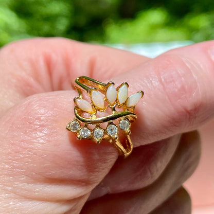 vintage_opal_and_lab_created_diamonds_on_gold_tone_ring_thebrokenbirdcompany_free_shipping_vintage_jewleryvintage opal and lab grown diamond leaf style statement ring avon vintage ring size 8.5 gift thebrokembirdcompany gift shiny ring 5 stone