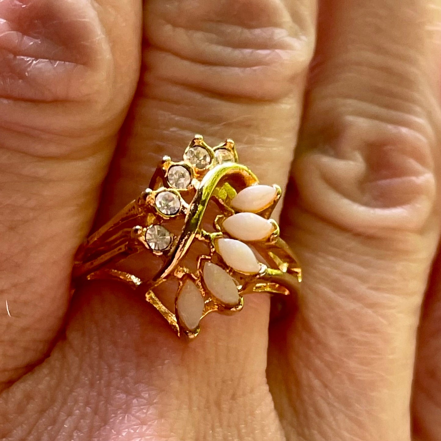 vintage_opal_and_lab_created_diamonds_on_gold_tone_ring_thebrokenbirdcompany_free_shipping_vintage_jewleryvintage opal and lab grown diamond leaf style statement ring avon vintage ring size 8.5 gift thebrokembirdcompany gift shiny ring 5 stone