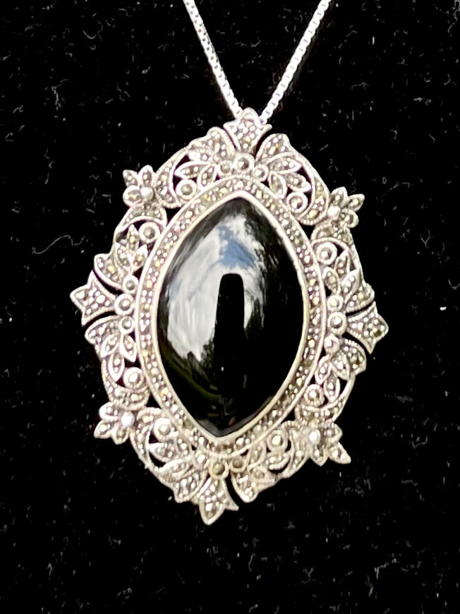vintage sterling silver pendant, black onyx necklace, filigree pendant, ornate silver necklace, statement pendant, black stone jewelry, convertible brooch pendant, marcasite style pendant, art deco revival jewelry, gothic victorian necklace, silver filigree jewelry, large pendant necklace, boho chic jewelry, antique style pendant Thebrokenbirdcompany free shipping gift