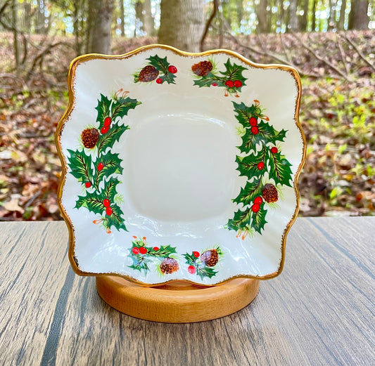 vintage christmas candy dish square scalloped edge gold rim pinecones holly and berries Yuletide collection 1970s Rosina China Company LTD Queens China bon bon dish christmas decor christmas dishes discontinued design free shipping gift holiday decor thebrokenbirdcompany classic christmas decorations holiday dishes gifts green mistletoe red holly gold rim scalloped edge green brown and red white gold colors 5 inch candy dish