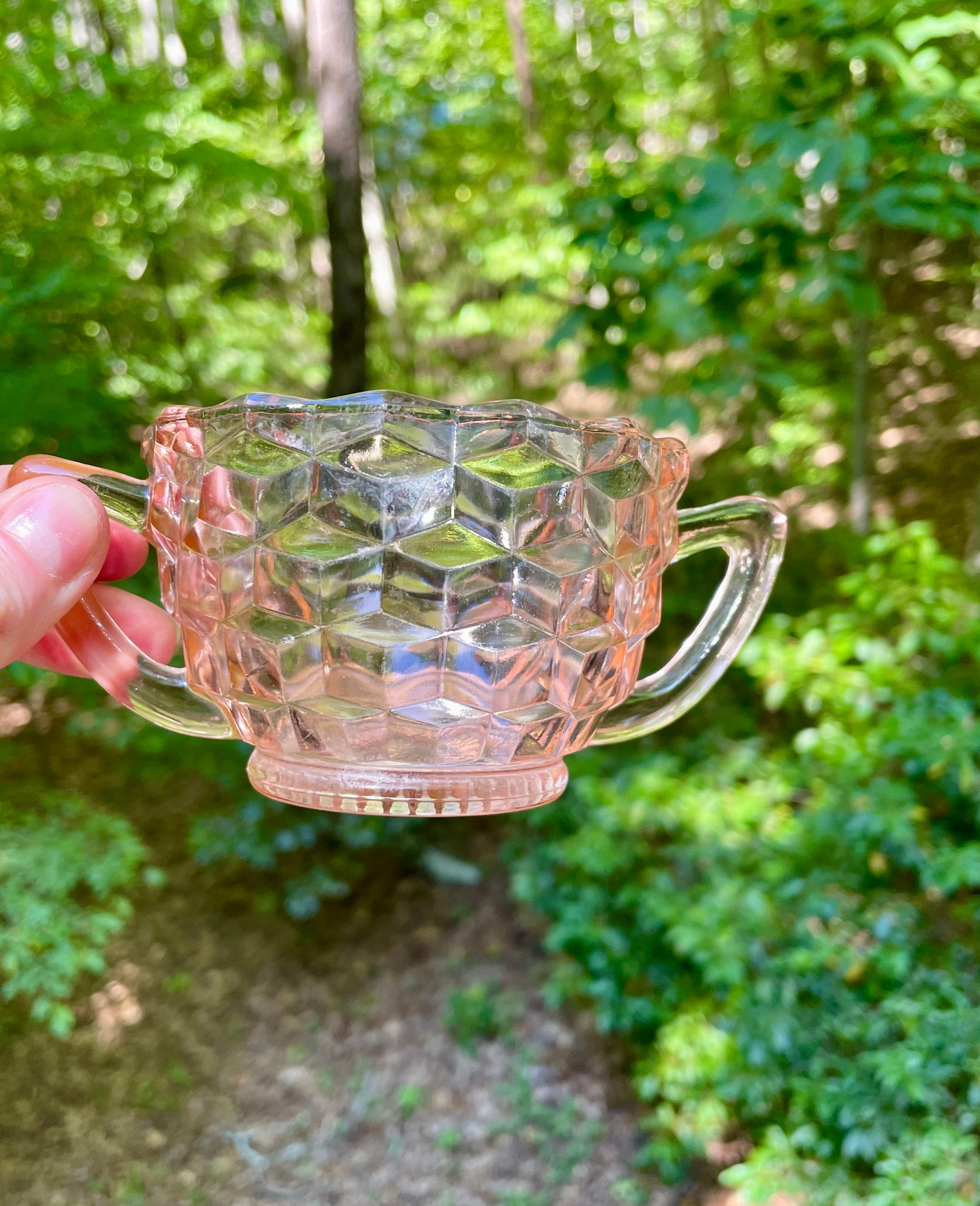 vintage diamond quilted pink depression glass double handle sugar bowl cup tea cup imperial glass company 1930s vintage pink glass pink cup princess cup gift thebrokenbirdcompany free shipping pink glass vintage gift birthday cup scalloped edge blush pink glass 2.5 inch height 5 inch width double pink handles diamond optic quilted 1930s pink depression glass