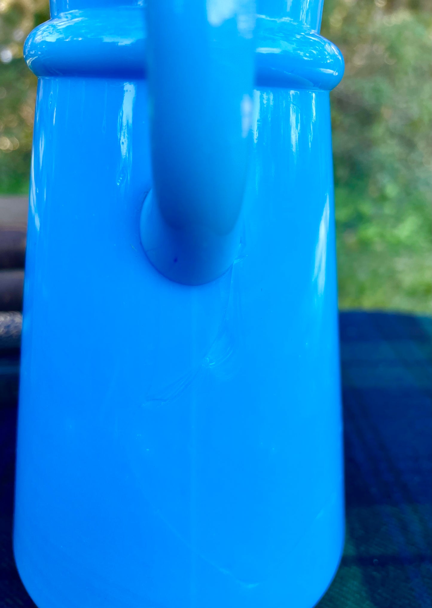 vintage french opaline pitcher, blue opaline glass pitcher, antique french opaline, raised base mark glass, swirl mark opaline, portieux vallerysthal style, 6 inch blue opaline jug, hand blown french pitcher, robins egg blue creamer, embossed mold mark glassware, collectible french milk glass, turquoise opaline pitcher, victorian blue opaline, french opaline with base mark victorian decor french victorian decor 19th century antiques ocean blue glass thebrokenbirdcompany free shipping