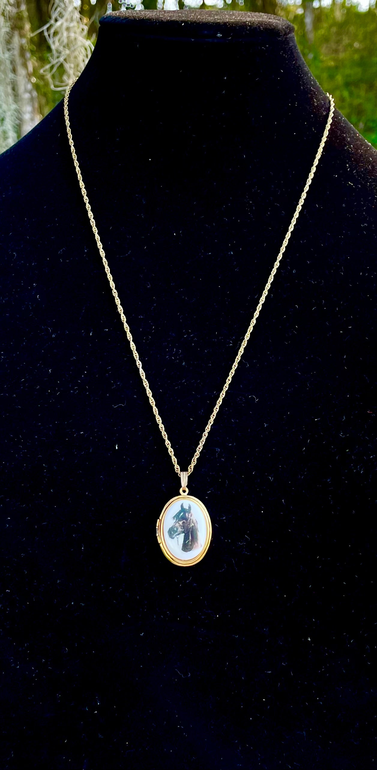 horse cameo necklace 24 inch gold tone chain with brown horse cameo locket horse lover gift for her equestrian themed white enamel with brown horse painted on front keepsake locket necklace thebrokenbirdcompany free shipping christmas gift unique western necklace country girl necklace horse locket
