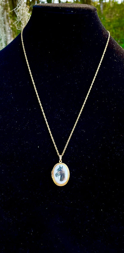 horse cameo necklace 24 inch gold tone chain with brown horse cameo locket horse lover gift for her equestrian themed white enamel with brown horse painted on front keepsake locket necklace thebrokenbirdcompany free shipping christmas gift unique western necklace country girl necklace horse locket