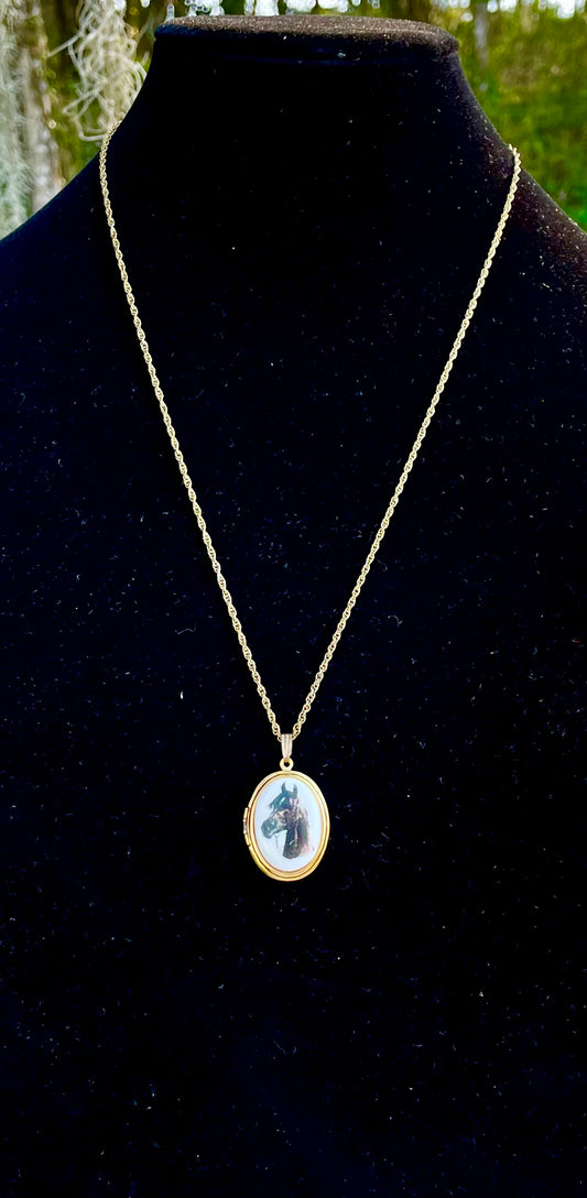 horse cameo necklace 24 inch gold tone chain with brown horse cameo locket horse lover gift for her equestrian themed white enamel with brown horse painted on front keepsake locket necklace thebrokenbirdcompany free shipping christmas gift unique western necklace country girl necklace horse locket