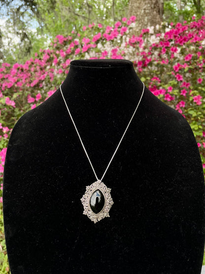 vintage sterling silver pendant, black onyx necklace, filigree pendant, ornate silver necklace, statement pendant, black stone jewelry, convertible brooch pendant, marcasite style pendant, art deco revival jewelry, gothic victorian necklace, silver filigree jewelry, large pendant necklace, boho chic jewelry, antique style pendant Thebrokenbirdcompany free shipping gift