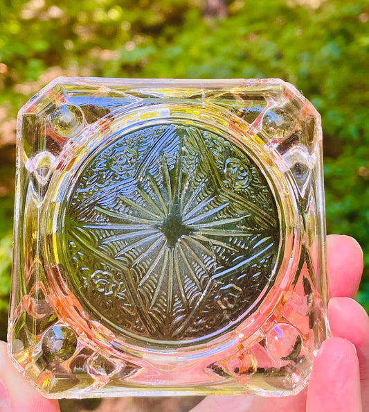 pink depression glass ashtray, vintage Jeannette Adam pattern, 1930s depression era glassware, square pink glass dish, collectible depression glass, antique pink ashtray, Adam pattern Jeannette, retro glass trinket tray, pink vintage smoking accessory, depression glass collector item, 3 inch square ashtray, starburst design glass, nostalgic pink decor