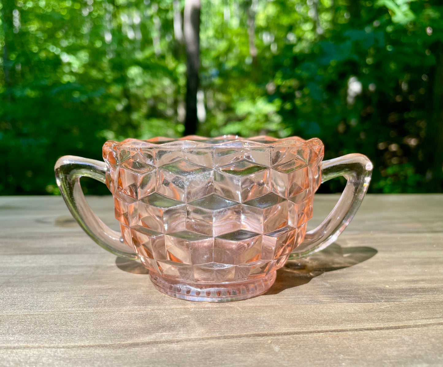 vintage diamond quilted pink depression glass double handle sugar bowl cup tea cup imperial glass company 1930s vintage pink glass pink cup princess cup gift thebrokenbirdcompany free shipping pink glass vintage gift birthday cup scalloped edge blush pink glass 2.5 inch height 5 inch width double pink handles diamond optic quilted 1930s pink depression glass