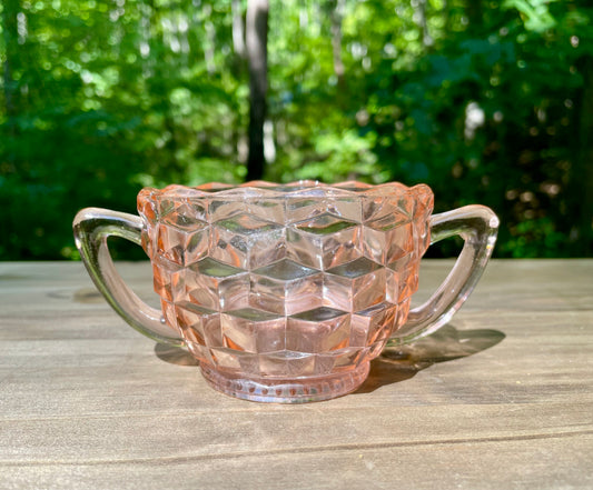 vintage diamond quilted pink depression glass double handle sugar bowl cup tea cup imperial glass company 1930s vintage pink glass pink cup princess cup gift thebrokenbirdcompany free shipping pink glass vintage gift birthday cup scalloped edge blush pink glass 2.5 inch height 5 inch width double pink handles diamond optic quilted 1930s pink depression glass