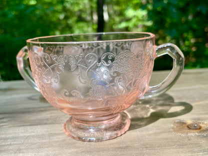Vintage Blush Pink Footed Bon Bon Dish 1943 Kay Pattern Produced by Lancaster Glass Company pink depression glass blush pink rose pink elegant cup floral etched pedestal cup thebrokenbirdcompany free shipping rare pink glass gift for her christmas princess cup floral etched pink