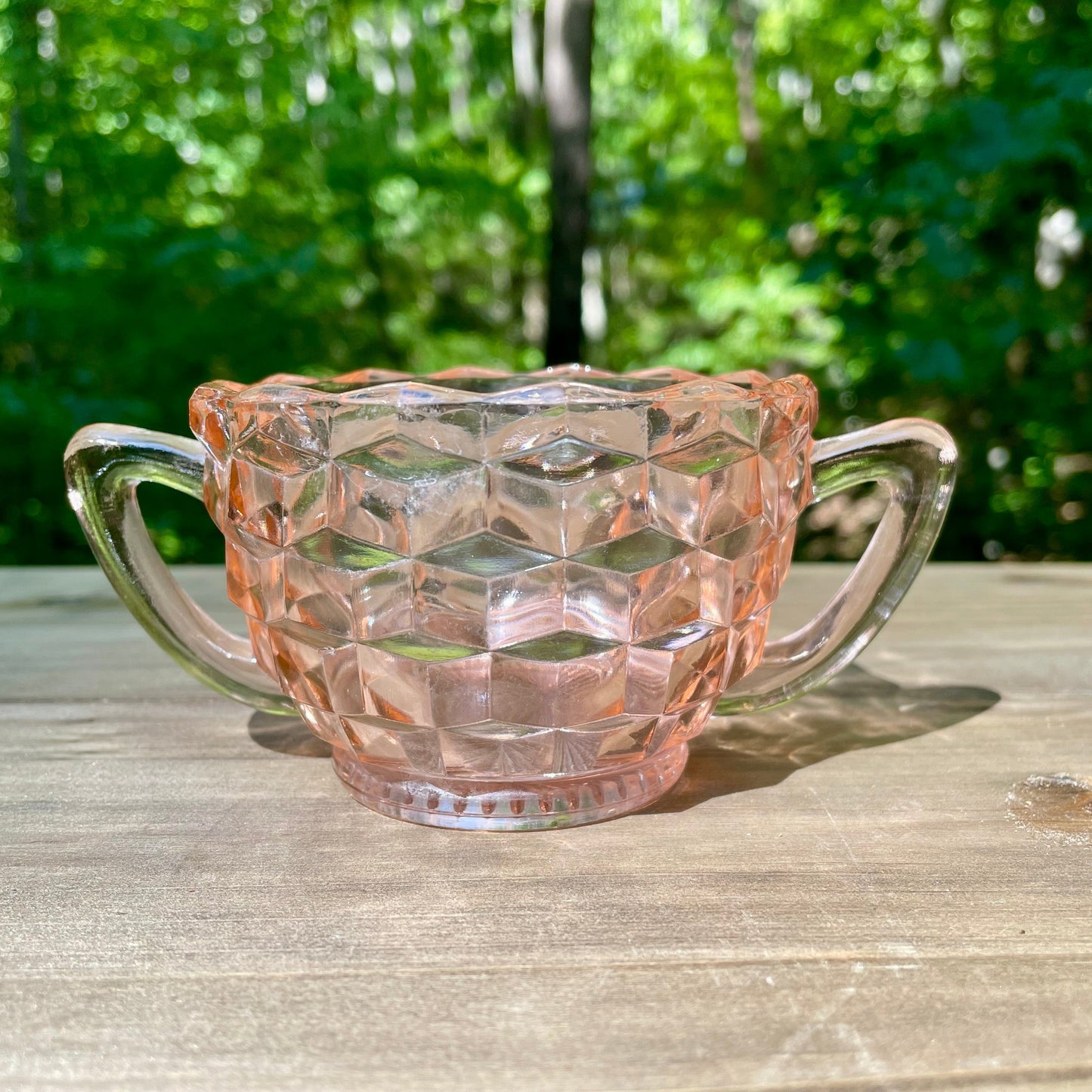 vintage diamond quilted pink depression glass double handle sugar bowl cup tea cup imperial glass company 1930s vintage pink glass pink cup princess cup gift thebrokenbirdcompany free shipping pink glass vintage gift birthday cup scalloped edge blush pink glass 2.5 inch height 5 inch width double pink handles diamond optic quilted 1930s pink depression glass