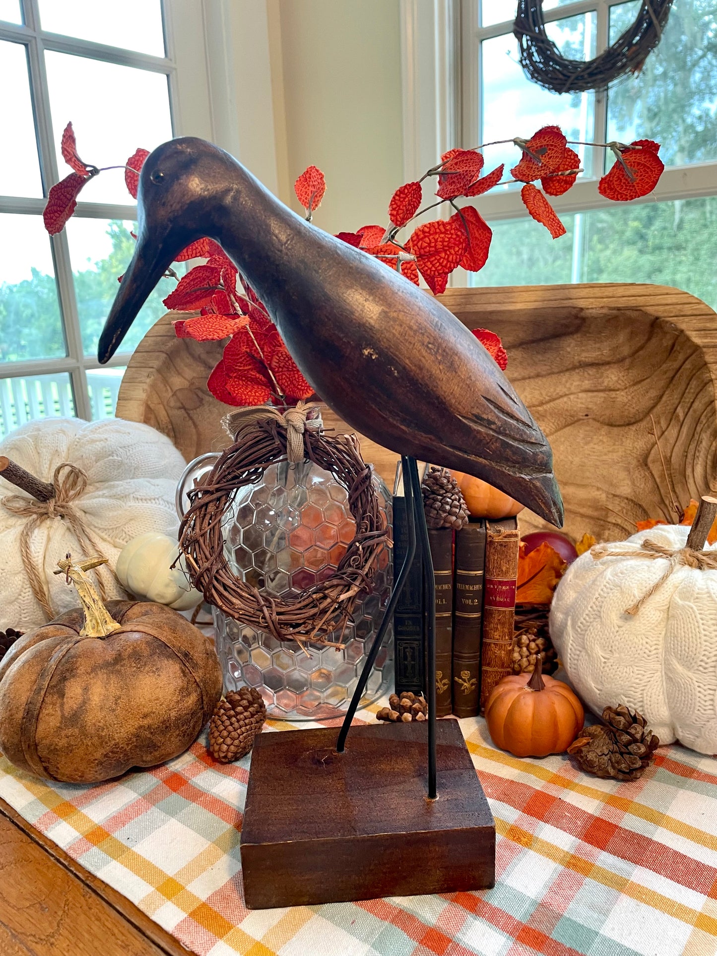 Vintage Dark Wood Heron Statue with Matte Metal Legs and Wooden Stand