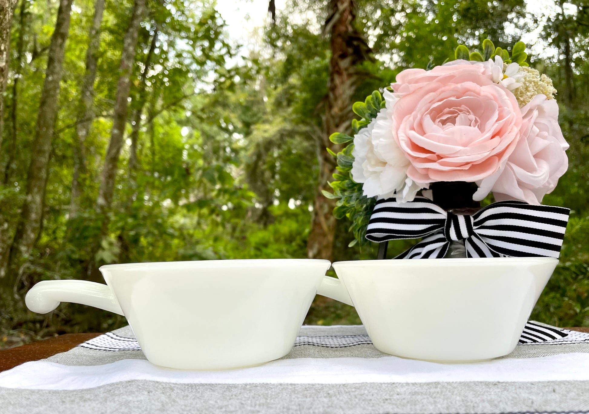 Antique Fire King by Anchor Hocking White Milk Glass and Blue Corn Flower Soup Bowls with Handles Thebrokenbirdcompany vintage soup bowls birthday gift vintage blue and white dishes vintage fire king glass vintage kitchenware 