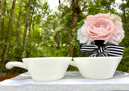 Antique Fire King by Anchor Hocking White Milk Glass and Blue Corn Flower Soup Bowls with Handles Thebrokenbirdcompany vintage soup bowls birthday gift vintage blue and white dishes vintage fire king glass vintage kitchenware 