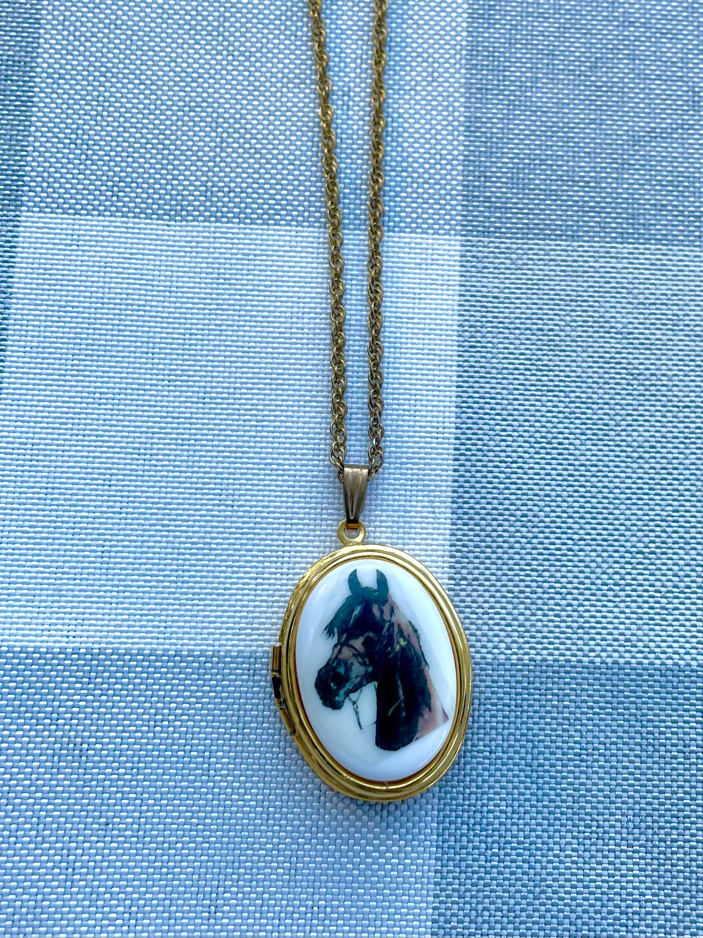 horse cameo necklace 24 inch gold tone chain with brown horse cameo locket horse lover gift for her equestrian themed white enamel with brown horse painted on front keepsake locket necklace thebrokenbirdcompany free shipping christmas gift unique western necklace country girl necklace horse locket