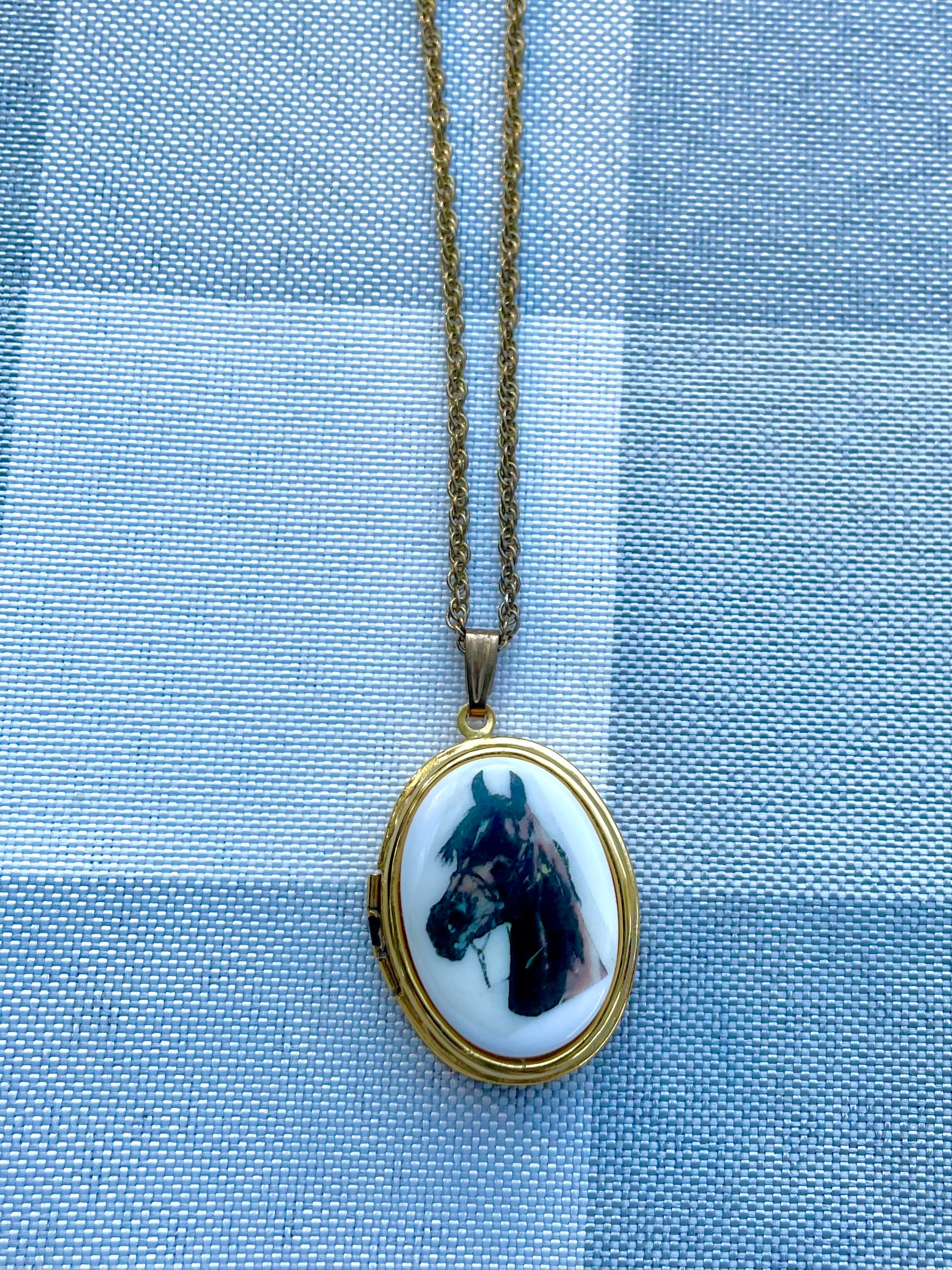 horse cameo necklace 24 inch gold tone chain with brown horse cameo locket horse lover gift for her equestrian themed white enamel with brown horse painted on front keepsake locket necklace thebrokenbirdcompany free shipping christmas gift unique western necklace country girl necklace horse locket