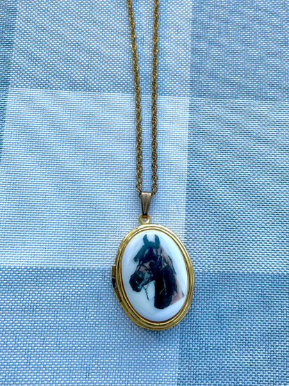 horse cameo necklace 24 inch gold tone chain with brown horse cameo locket horse lover gift for her equestrian themed white enamel with brown horse painted on front keepsake locket necklace thebrokenbirdcompany free shipping christmas gift unique western necklace country girl necklace horse locket