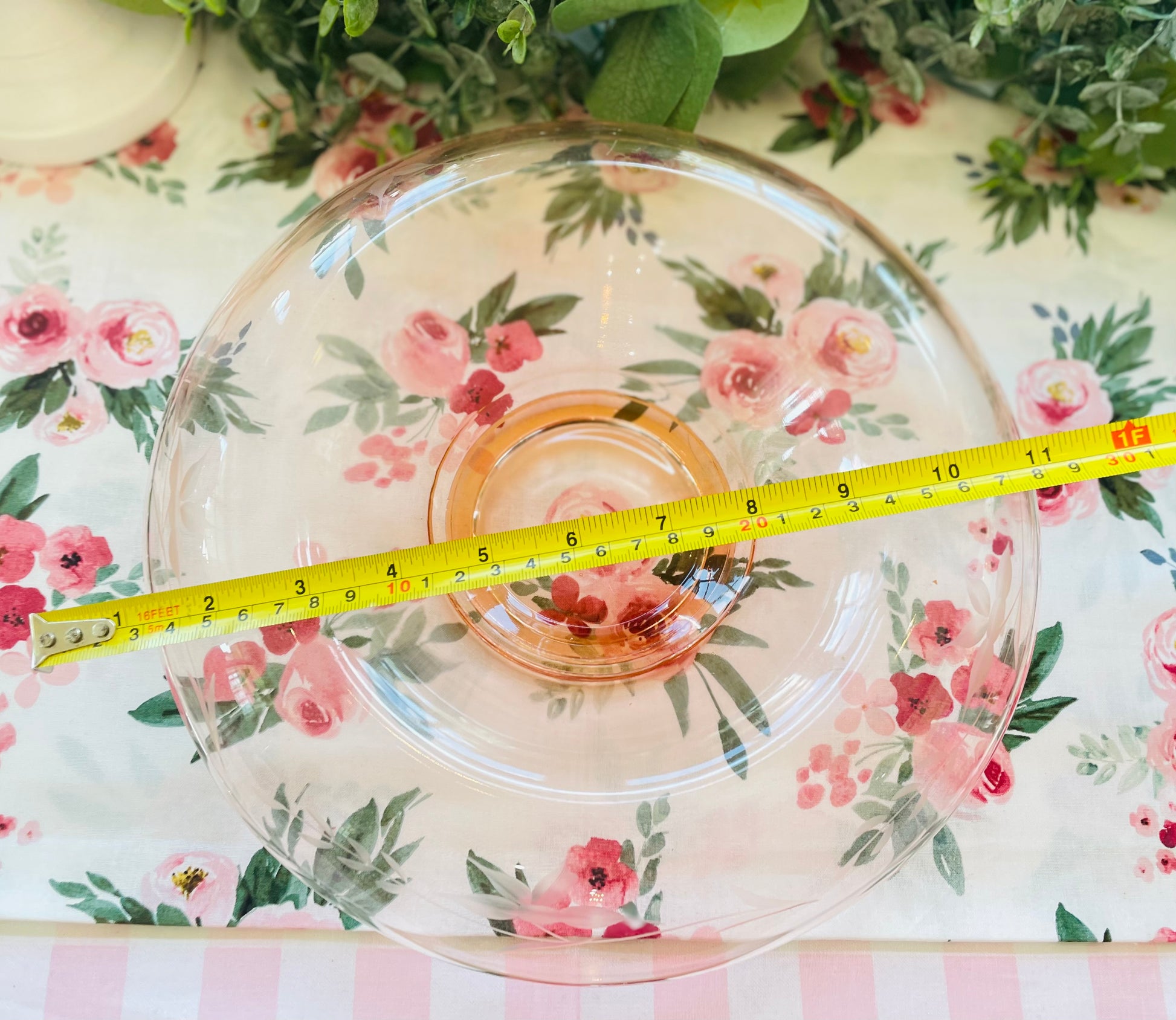 Antique 1930s Pink Depression Glass Etched Rolled Edge Console Bowl pink bowl thebrokenbirdcompany free shipping birthday centerpiece bowl mothers day easter pink decor pink glass etched flowers and vines party bowl decor