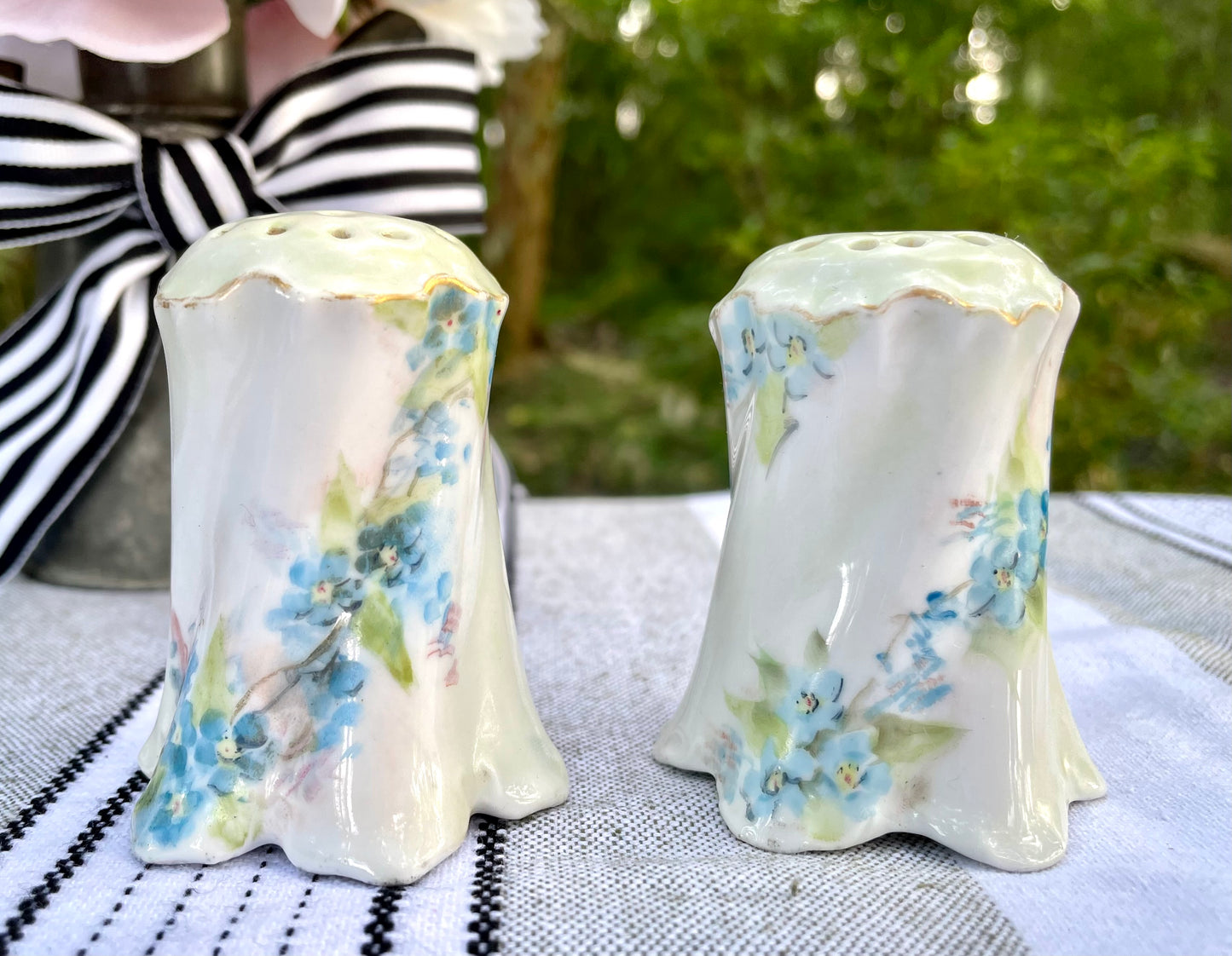 RC Rosenthal Versailles Bavaria China White Ceramic Salt and Pepper Shakers with Blue Daisies and Gold Trim