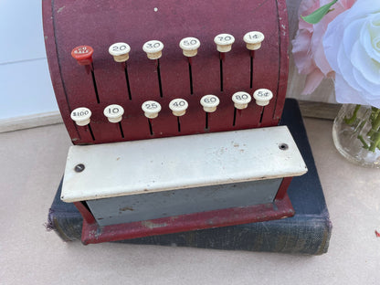 vintage toy Vintage toy cash register Tom Thumb cash register 1947 tin toy Retro cash register Metal toy cash register Antique toy register Collectible tin toys Western Stamping Co toy Mechanical cash register toy Red tin cash register Nostalgic kids toy Vintage play money register Mid-century toy Tinplate cash register Childrens vintage toy Retro store play set Antique metal toy 50s era cash register Collectible childrens register Maroon toy cash register thebrokenbirdcompany gift for collector
