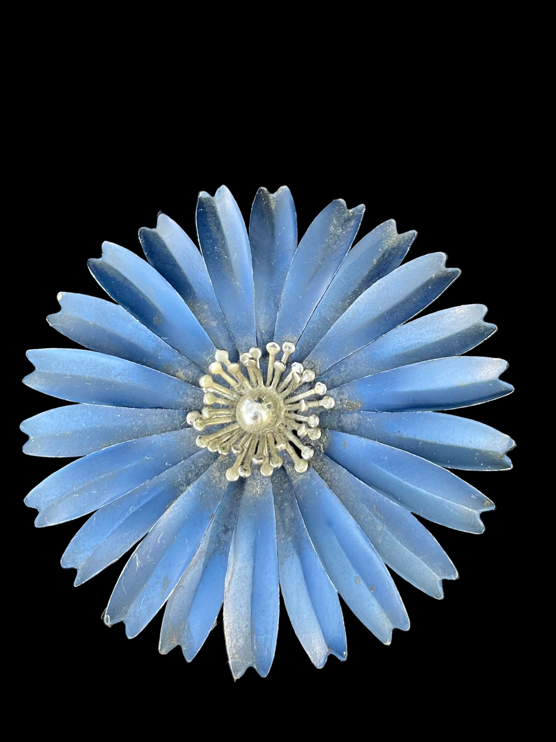 Retro shimmering blue metal flower purse pin lapel pin 1960s brooch gift for her unique gift vintage pin collectible pin Thebrokenbirdcompany