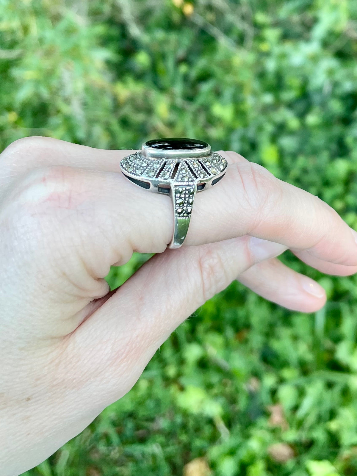vintage sterling silver ring, black onyx marcasite ring, Art Deco style ring, oval halo ring, size 7 sterling ring, marcasite jewelry, black stone ring, vintage silver ring, geometric marcasite ring, onyx cocktail ring, mid-century sterling ring, baguette halo ring, estate jewelry, antique style silver ring Thebrokenbirdcompany free shipping