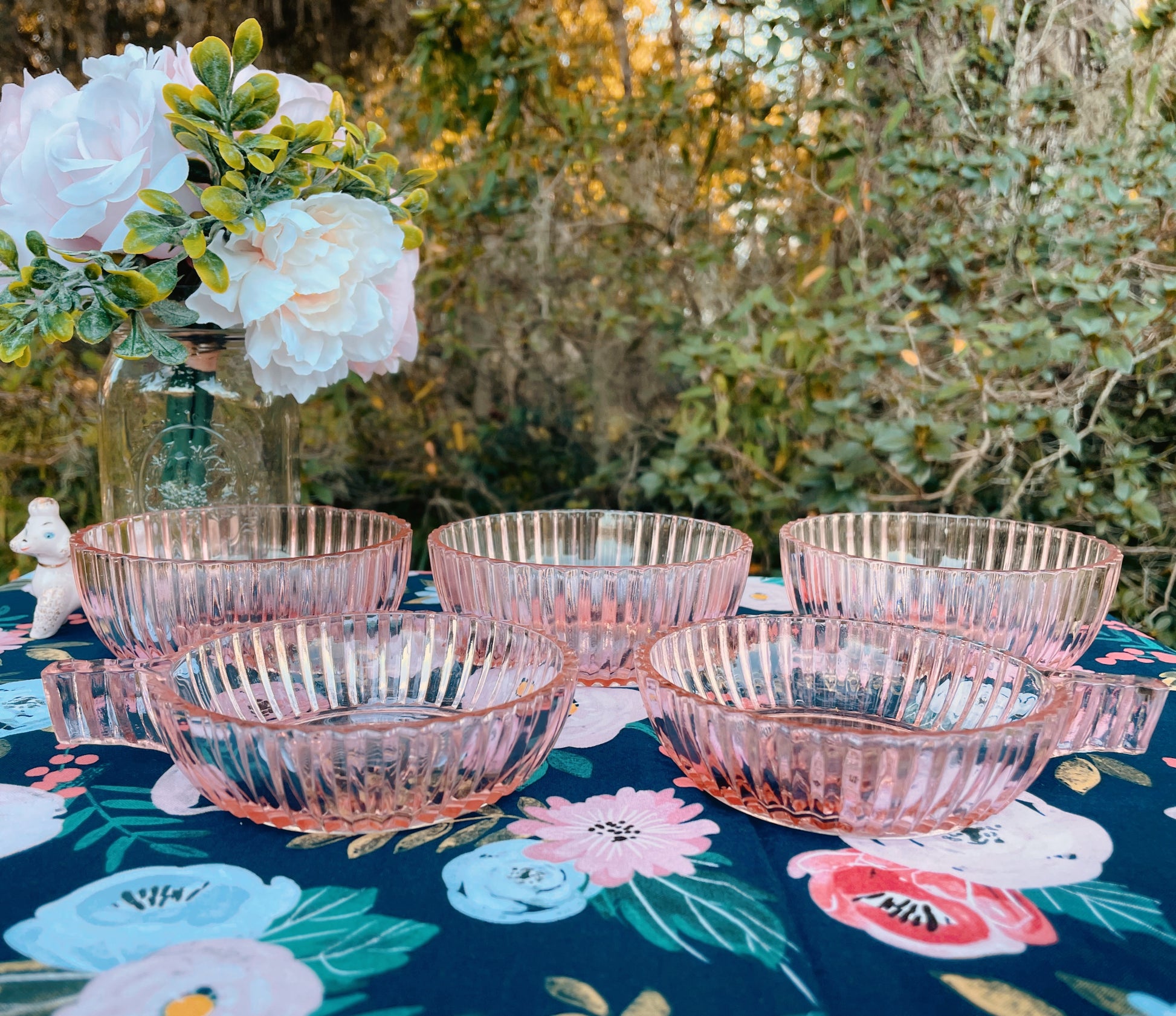 Antique Anchor Hocking Queen Mary Pink Depression Glass Set of Sauce Bowl Set of 3 and 2 Matching Cups with Handles Thebrokenbirdcompany vintage pink dishes party dishes pink glass bowl and cup Easter dinner vintage kitchen unique birthday gift