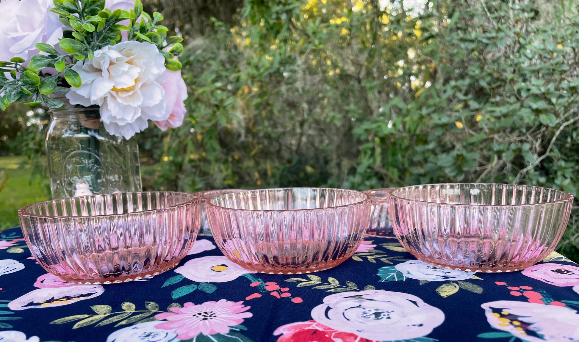 Antique Anchor Hocking Queen Mary Pink Depression Glass Set of Sauce Bowl Set of 3 and 2 Matching Cups with Handles Thebrokenbirdcompany vintage pink dishes party dishes pink glass bowl and cup Easter dinner vintage kitchen unique birthday gift