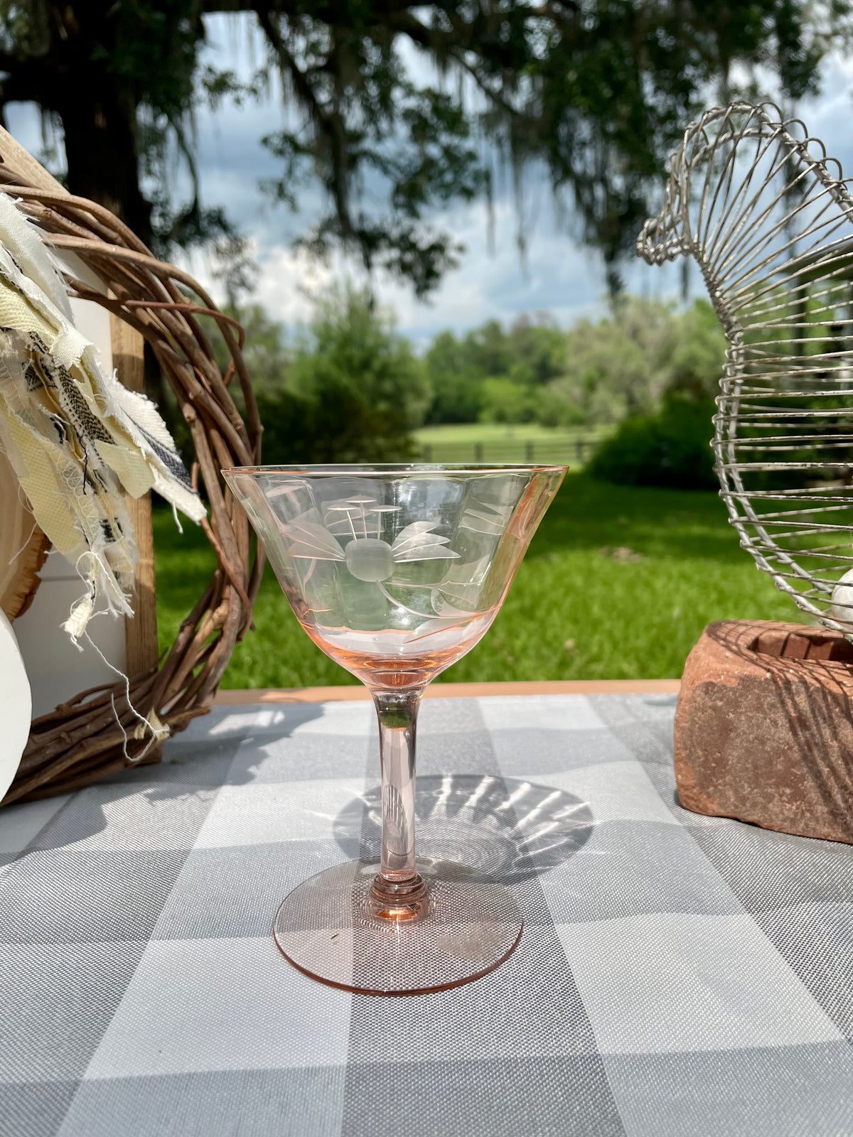 pink depression glass, etched floral coupe, vintage champagne glass, 1930s stemware, depression glass, pink glassware, Tiffin glass, floral etched, antique glass, barware, collectible glass, pink wine glass, elegant glass Thebrokenbirdcompany free shipping