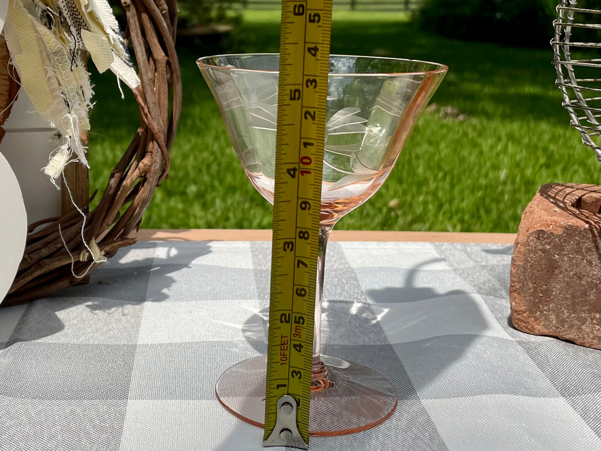 pink depression glass, etched floral coupe, vintage champagne glass, 1930s stemware, depression glass, pink glassware, Tiffin glass, floral etched, antique glass, barware, collectible glass, pink wine glass, elegant glass Thebrokenbirdcompany free shipping