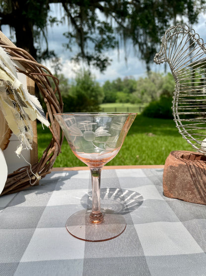 pink depression glass, etched floral coupe, vintage champagne glass, 1930s stemware, depression glass, pink glassware, Tiffin glass, floral etched, antique glass, barware, collectible glass, pink wine glass, elegant glass Thebrokenbirdcompany free shipping