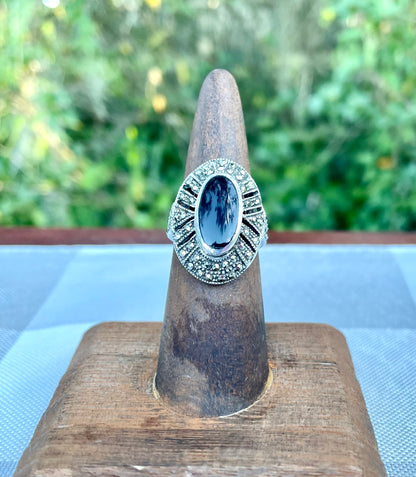 vintage sterling silver ring, black onyx marcasite ring, Art Deco style ring, oval halo ring, size 7 sterling ring, marcasite jewelry, black stone ring, vintage silver ring, geometric marcasite ring, onyx cocktail ring, mid-century sterling ring, baguette halo ring, estate jewelry, antique style silver ring Thebrokenbirdcompany free shipping
