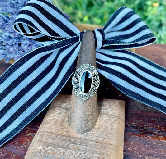 vintage sterling silver ring, black onyx marcasite ring, Art Deco style ring, oval halo ring, size 7 sterling ring, marcasite jewelry, black stone ring, vintage silver ring, geometric marcasite ring, onyx cocktail ring, mid-century sterling ring, baguette halo ring, estate jewelry, antique style silver ring Thebrokenbirdcompany free shipping