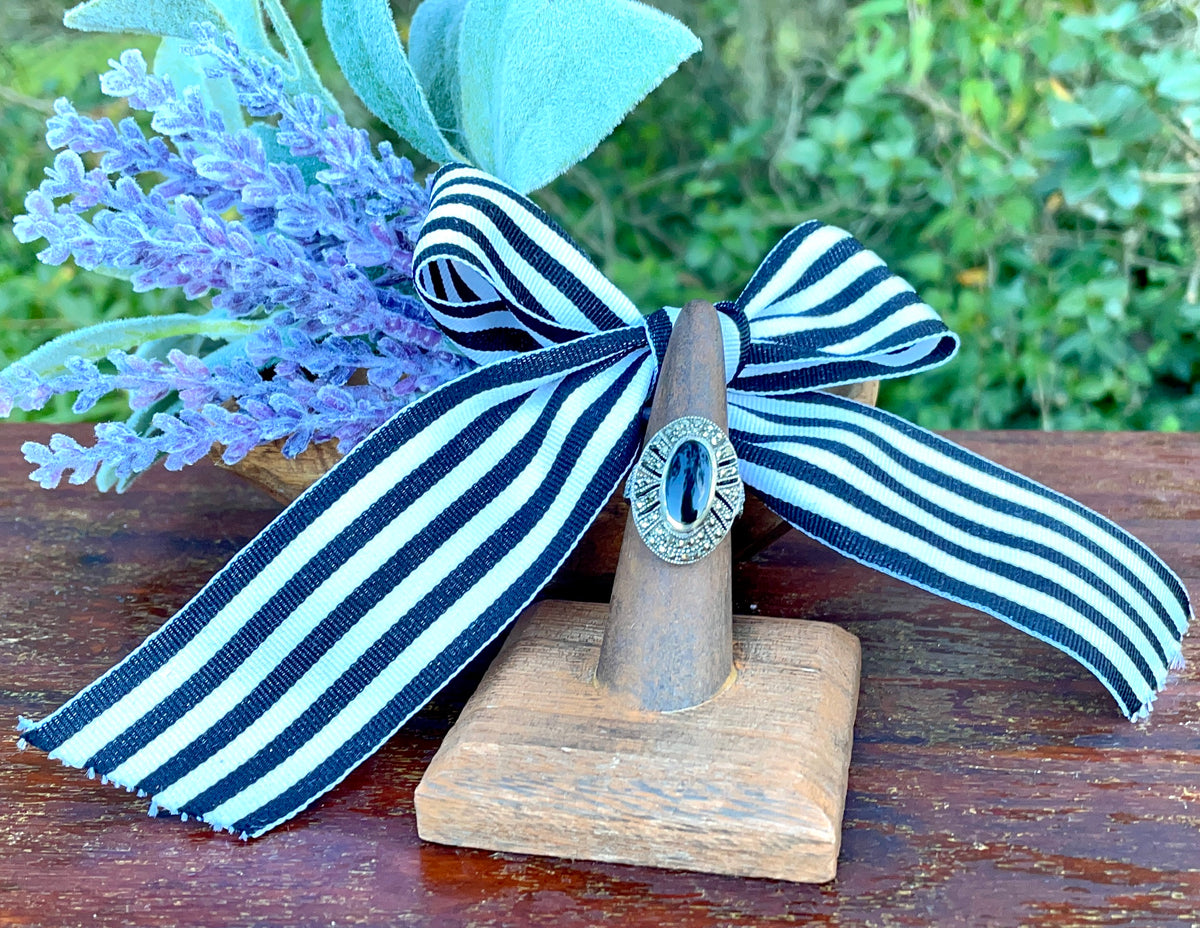 vintage sterling silver ring, black onyx marcasite ring, Art Deco style ring, oval halo ring, size 7 sterling ring, marcasite jewelry, black stone ring, vintage silver ring, geometric marcasite ring, onyx cocktail ring, mid-century sterling ring, baguette halo ring, estate jewelry, antique style silver ring Thebrokenbirdcompany free shipping