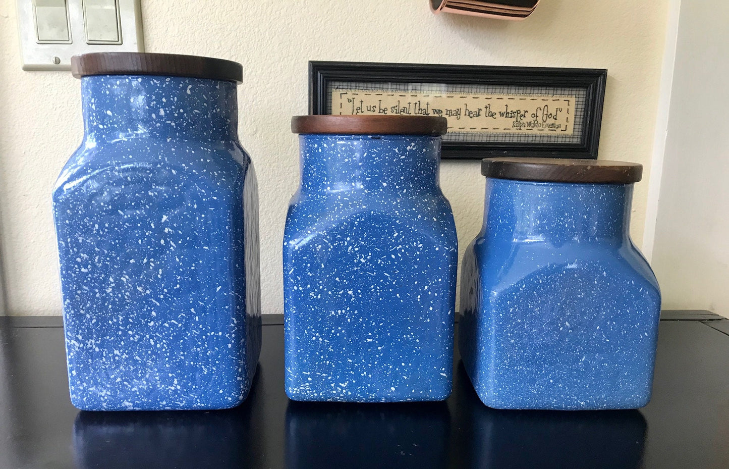 blue speckled canisters, ceramic canister set, farmhouse kitchen decor, kitchen storage jars, wooden lid canisters, set of 3 canisters, rustic kitchen storage, blue kitchen canisters, speckled ceramic jars, cottagecore kitchen, coastal farmhouse decor, countertop storage, vintage style canisters, blue and white kitchen jars, farmhouse canisters, ceramic storage set Thebrokenbirdcompany free shipping