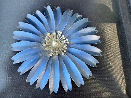 vintage crystal blue metal lapel pin with a floral design and a silver center retro wear shimmy blue pin flower purse pin 1960sThebrokenbirdcompany 