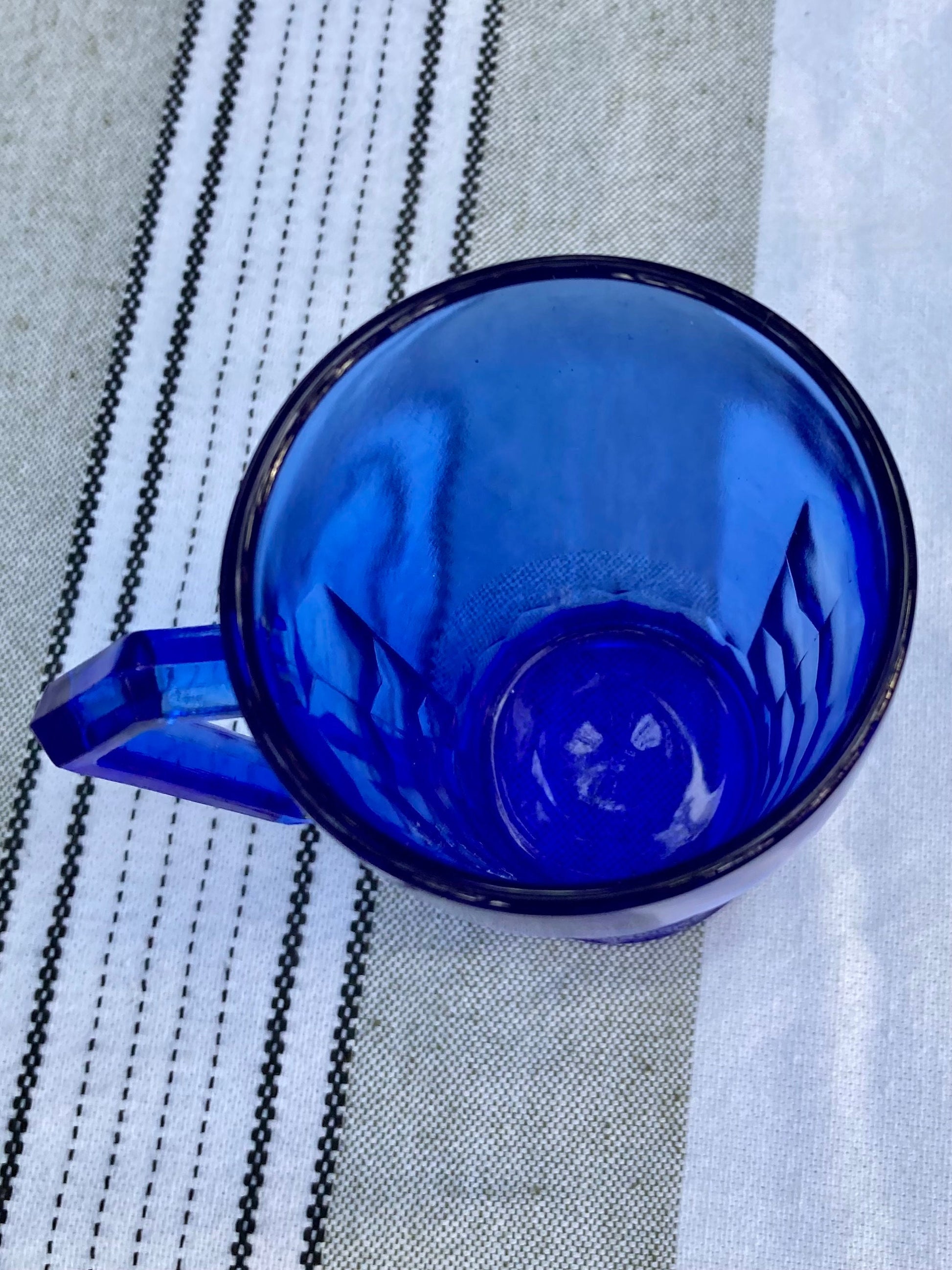 Antique Hazel Atlas Cobalt Blue Depression Glass Honeycomb Pattern 4 Inch Juice Cup with Handle the broken bird company small glass juice cup grandparents little juice cup depression glass juice cup favorite cup Cobalt blue glass kitchenware