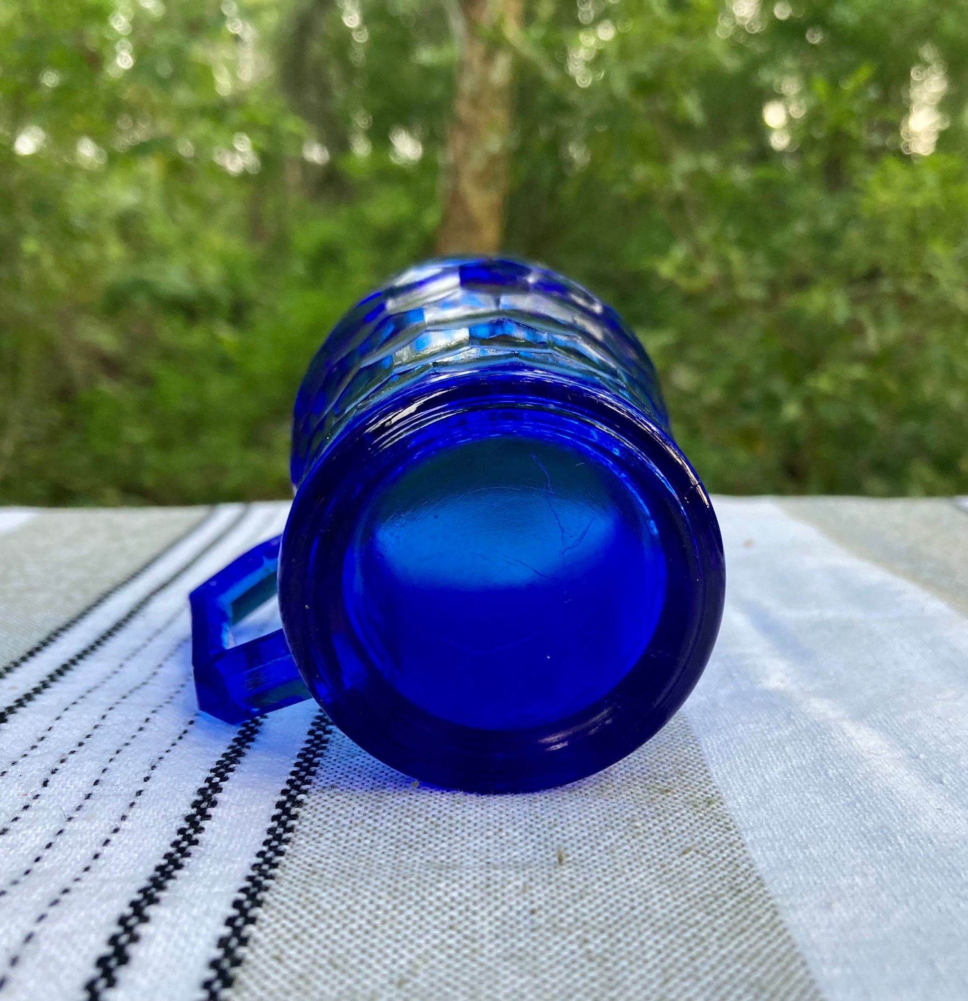Antique Hazel Atlas Cobalt Blue Depression Glass Honeycomb Pattern 4 Inch Juice Cup with Handle the broken bird company small glass juice cup grandparents little juice cup depression glass juice cup favorite cup Cobalt blue glass kitchenware