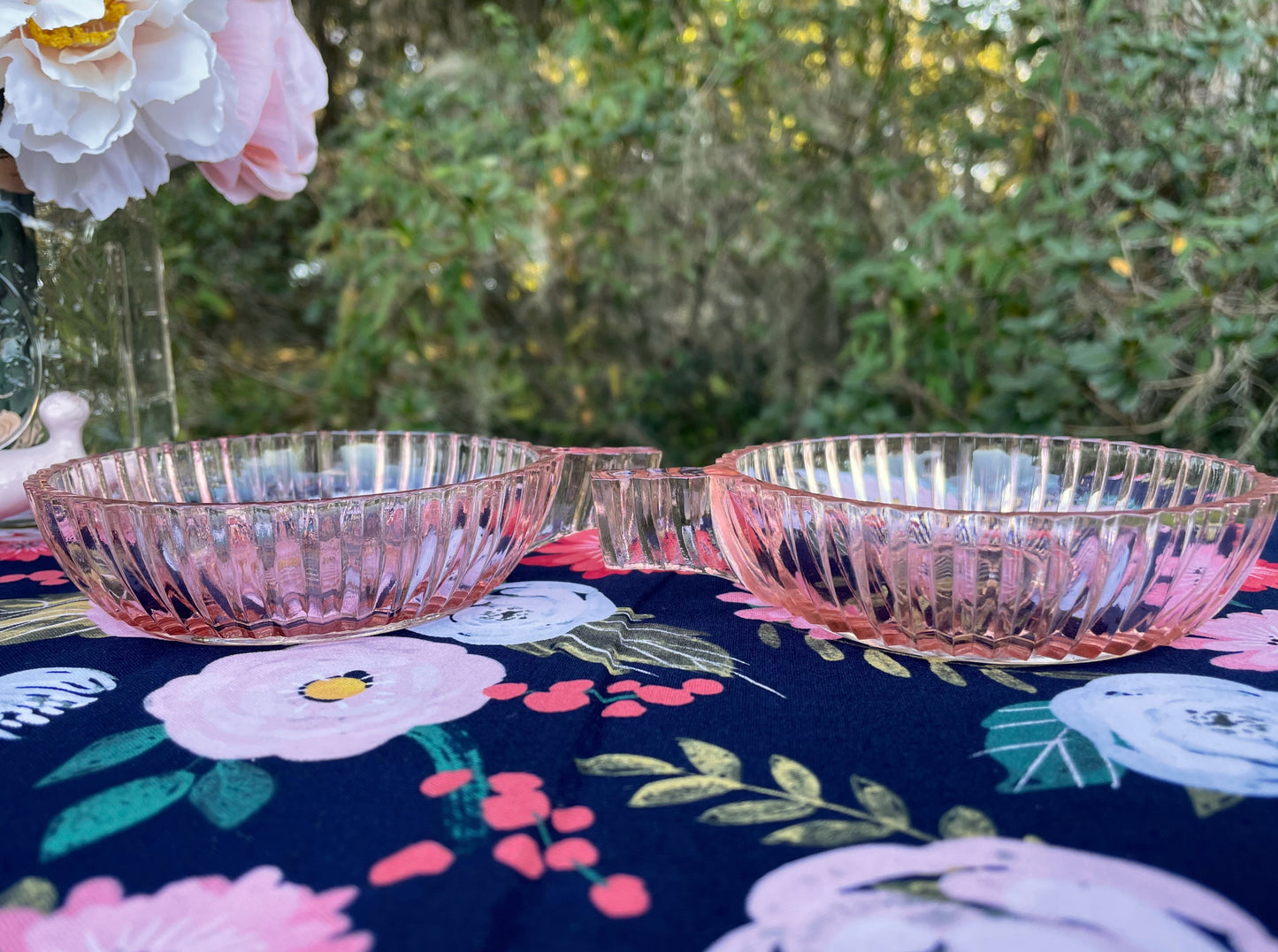 Antique Anchor Hocking Queen Mary Pink Depression Glass Set of Sauce Bowl Set of 3 and 2 Matching Cups with Handles Thebrokenbirdcompany vintage pink dishes party dishes pink glass bowl and cup Easter dinner vintage kitchen unique birthday gift