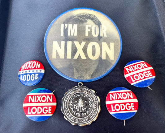 nixon lodge, 1960 campaign button, nixon lodge pin, richard nixon button, henry cabot lodge, presidential campaign pin, vintage political pinback, 1960 election memorabilia, republican campaign button, nixon for president, political americana, vintage campaign button, 1960s political pin, green duck button (if marked), pinback button, election collectible