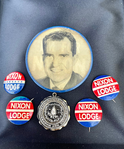nixon lodge, 1960 campaign button, nixon lodge pin, richard nixon button, henry cabot lodge, presidential campaign pin, vintage political pinback, 1960 election memorabilia, republican campaign button, nixon for president, political americana, vintage campaign button, 1960s political pin, green duck button (if marked), pinback button, election collectible