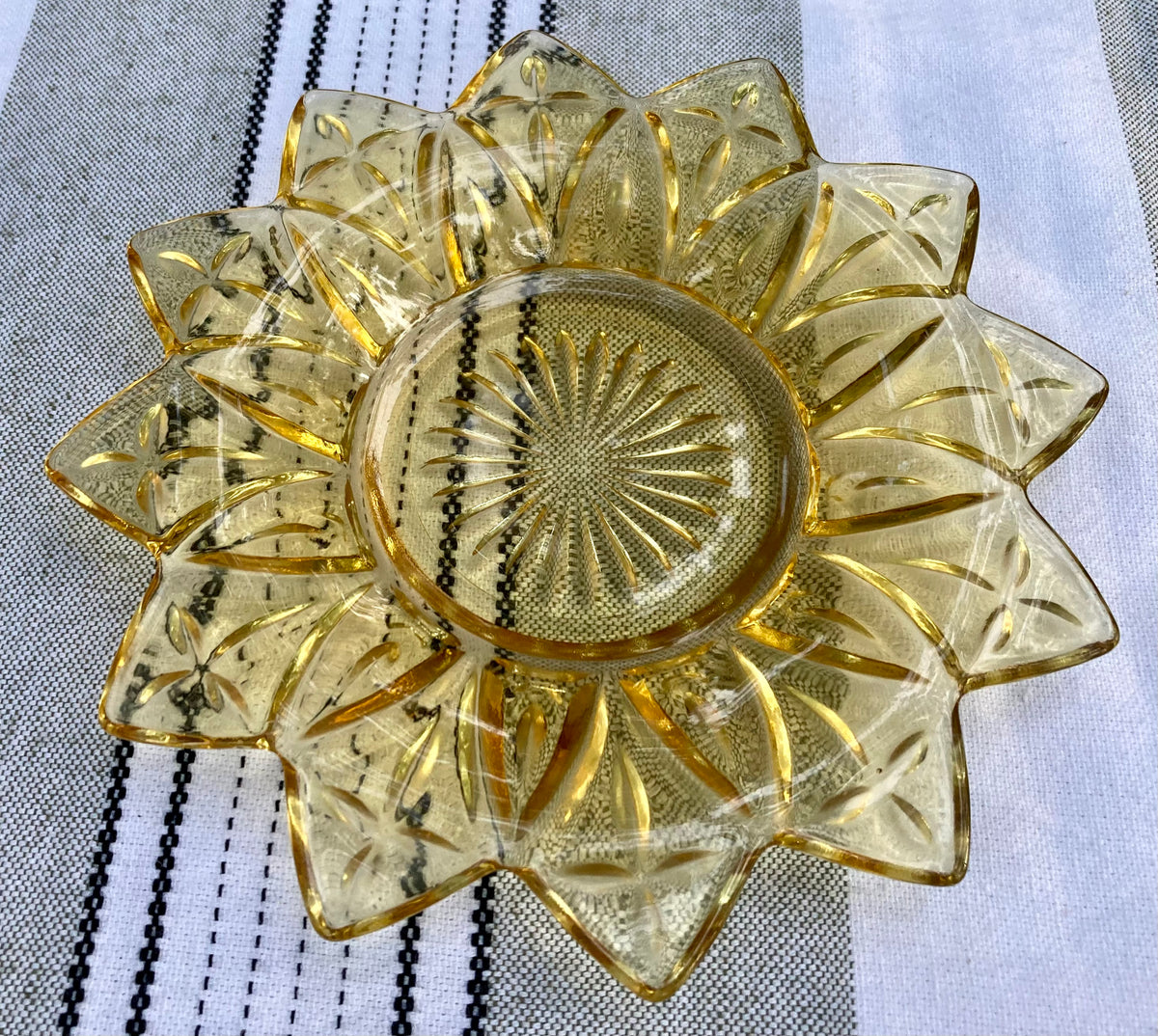 Federal Glass, Petal pattern, yellow glass plate, amber sunflower plate, vintage dessert plate, mid century modern, MCM glassware, 1960s glass, pressed glass plate, starburst petal, flower plate, Sungold, collectible glass Thebrokenbirdcompany free shipping vintage kitchen sunflower plate