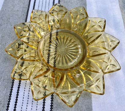 Federal Glass, Petal pattern, yellow glass plate, amber sunflower plate, vintage dessert plate, mid century modern, MCM glassware, 1960s glass, pressed glass plate, starburst petal, flower plate, Sungold, collectible glass Thebrokenbirdcompany free shipping vintage kitchen sunflower plate