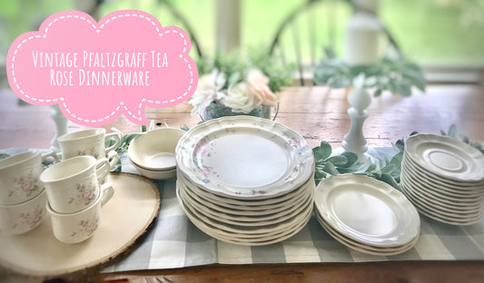 Vintage Pfaltzgraff, Tea Rose dinnerware, Pfaltzgraff Tea Rose, stoneware floral plates, pink rose dishes, scalloped edge dinnerware, 1980s dinnerware, country cottage tableware, American pottery, replacement china, Pfaltzgraff PFATER, cream ivory floral set, microwave safe stoneware, vintage kitchenware, collectible dinnerware Thebrokenbirdcompany free shipping