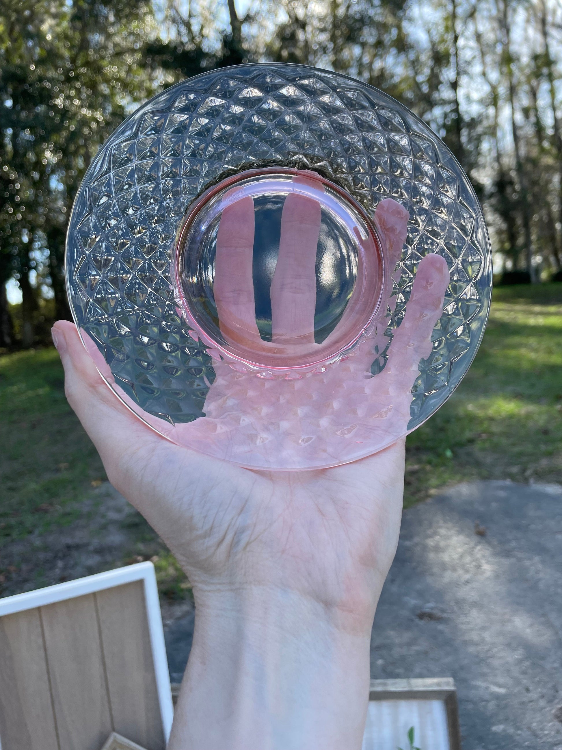 pink depression glass, diamond quilted pattern, imperial glass plates, vintage dessert plates, 1930s glassware, flat diamond glass, collectible pink glass, depression era tableware, quilted pink plates, antique glass set, retro pink dessert plates, art deco glassware, imperial glass diamond quilted, shabby chic decor, pink quilted depression glass Thebrokenbirdcompany gift antique glass