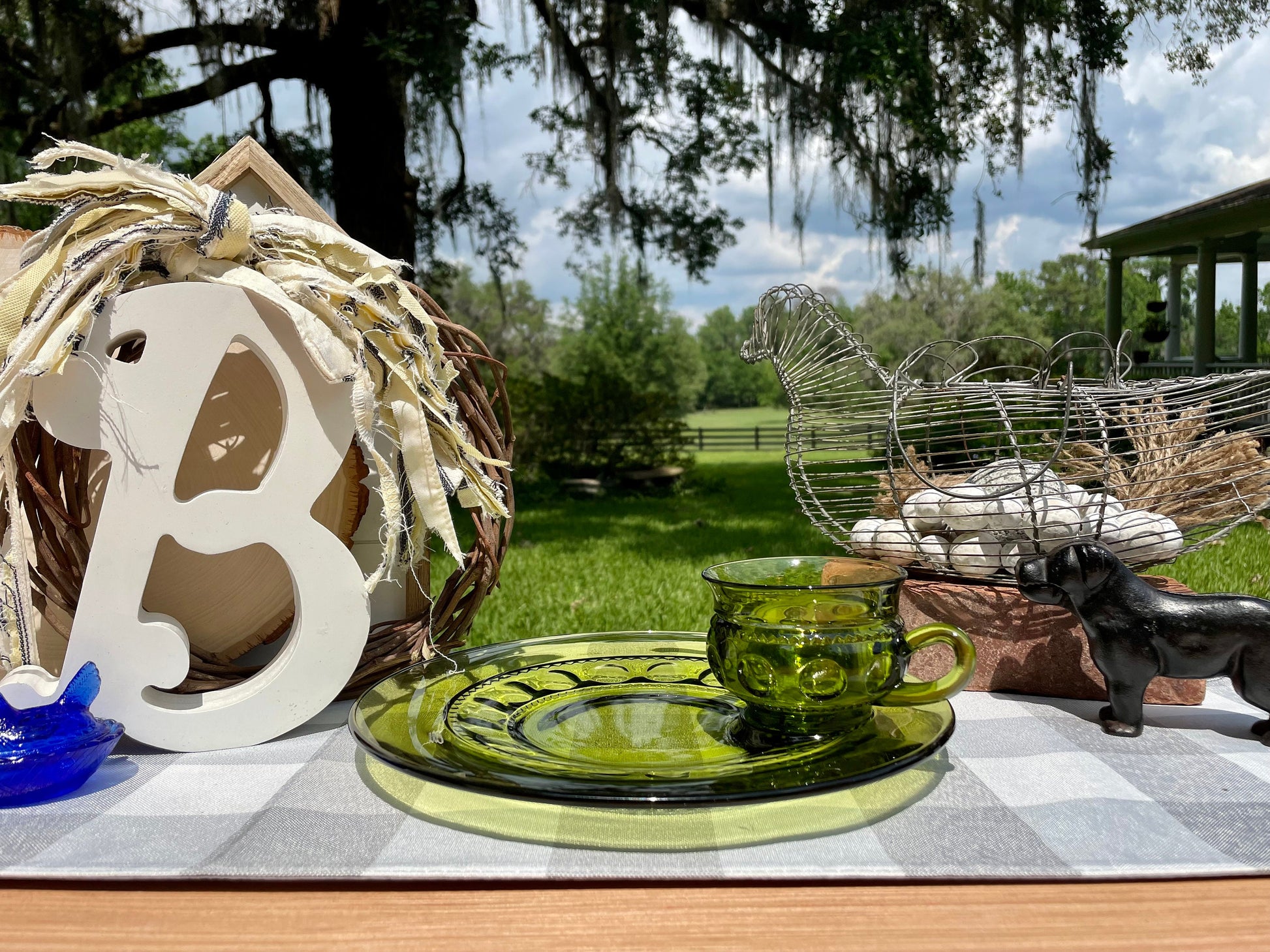 King’s Crown, Thumbprint glass, Indiana Glass, avocado green glass, vintage snack plate, luncheon plate, retro glassware, mid century glass, depression glass, olive green plate, cup and saucer set, thumbprint cup holder, 1970s kitchenware, vintage entertaining set, pressed glass, collectible glass Thebrokenbirdcompany free shipping vintage indiana glass kings crown avocado green 10.5 plate”, “retro thumbprint snack set with cup holder