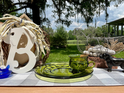 King’s Crown, Thumbprint glass, Indiana Glass, avocado green glass, vintage snack plate, luncheon plate, retro glassware, mid century glass, depression glass, olive green plate, cup and saucer set, thumbprint cup holder, 1970s kitchenware, vintage entertaining set, pressed glass, collectible glass Thebrokenbirdcompany free shipping vintage indiana glass kings crown avocado green 10.5 plate”, “retro thumbprint snack set with cup holder