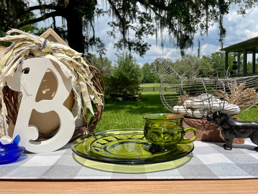 King’s Crown, Thumbprint glass, Indiana Glass, avocado green glass, vintage snack plate, luncheon plate, retro glassware, mid century glass, depression glass, olive green plate, cup and saucer set, thumbprint cup holder, 1970s kitchenware, vintage entertaining set, pressed glass, collectible glass Thebrokenbirdcompany free shipping vintage indiana glass kings crown avocado green 10.5 plate”, “retro thumbprint snack set with cup holder