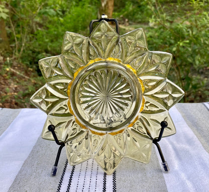 Federal Glass, Petal pattern, yellow glass plate, amber sunflower plate, vintage dessert plate, mid century modern, MCM glassware, 1960s glass, pressed glass plate, starburst petal, flower plate, Sungold, collectible glass Thebrokenbirdcompany free shipping vintage kitchen sunflower plate