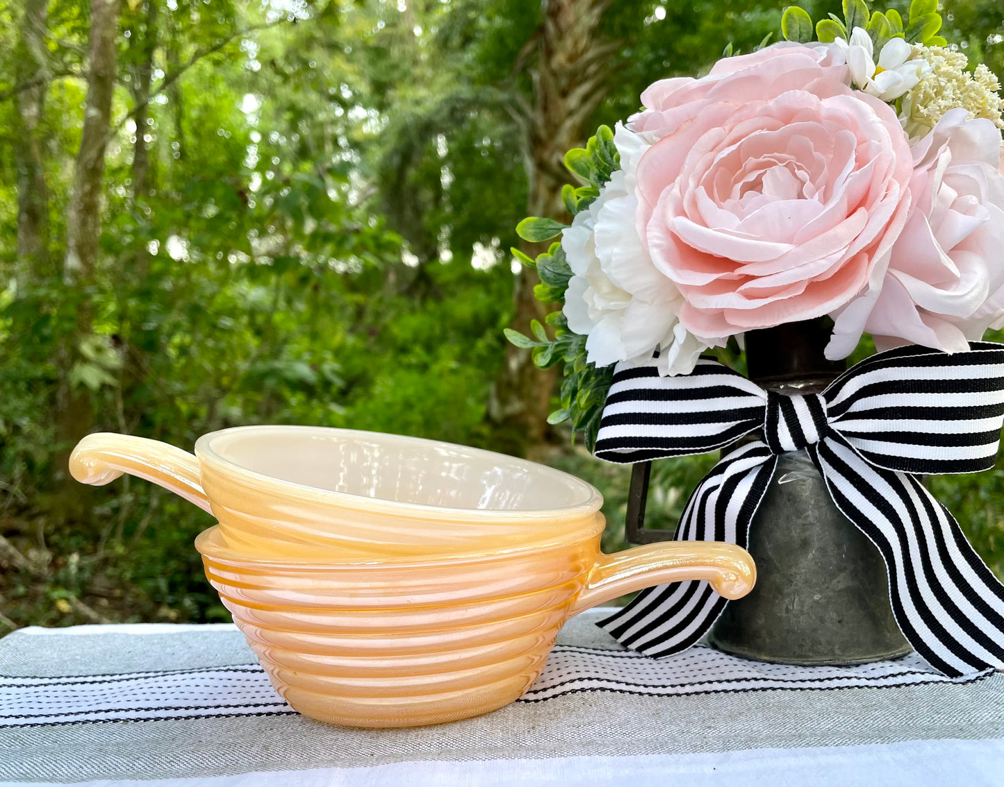Vintage Peach Lusterware Fire King 23 Opalescent Glass Bowls with Handles